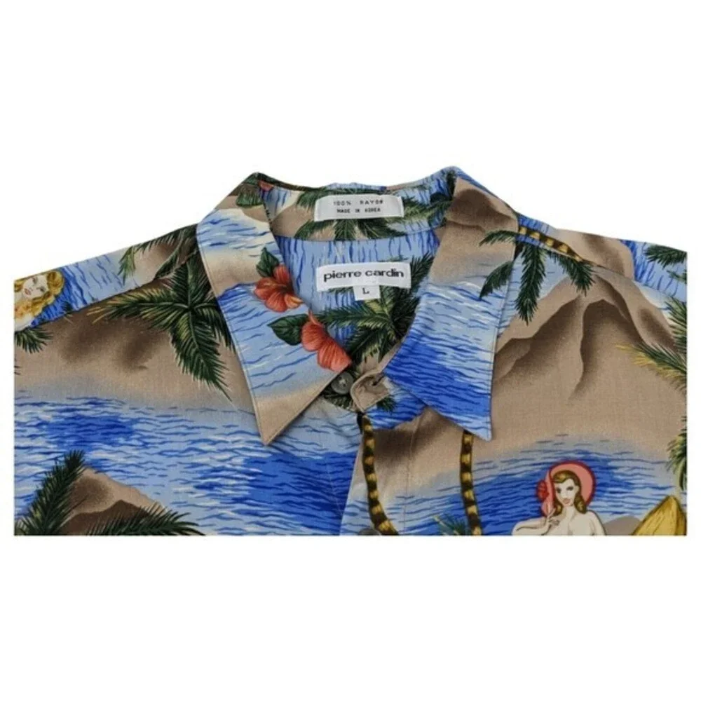 Pierre Cardin Men's Hawaiian Pin-Up Girl‎ Button Shirt Size L Blue Beach Rayon